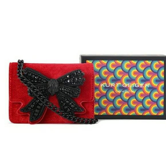 NIB!! Kurt Geiger Red Velvet Crossbody Bag w/ Black Rhinstone Bow - Picture 5 of 10